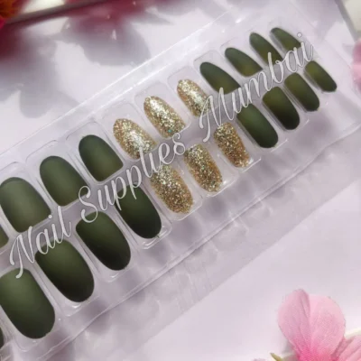 Olive Green Matte & Glitter Finish Oval Press On Nails (set Of 24 Nails)