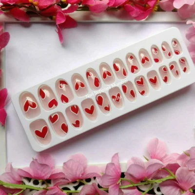 Valentines Special Hearts Print Nude Press On Nails (set Of 24 Pcs)