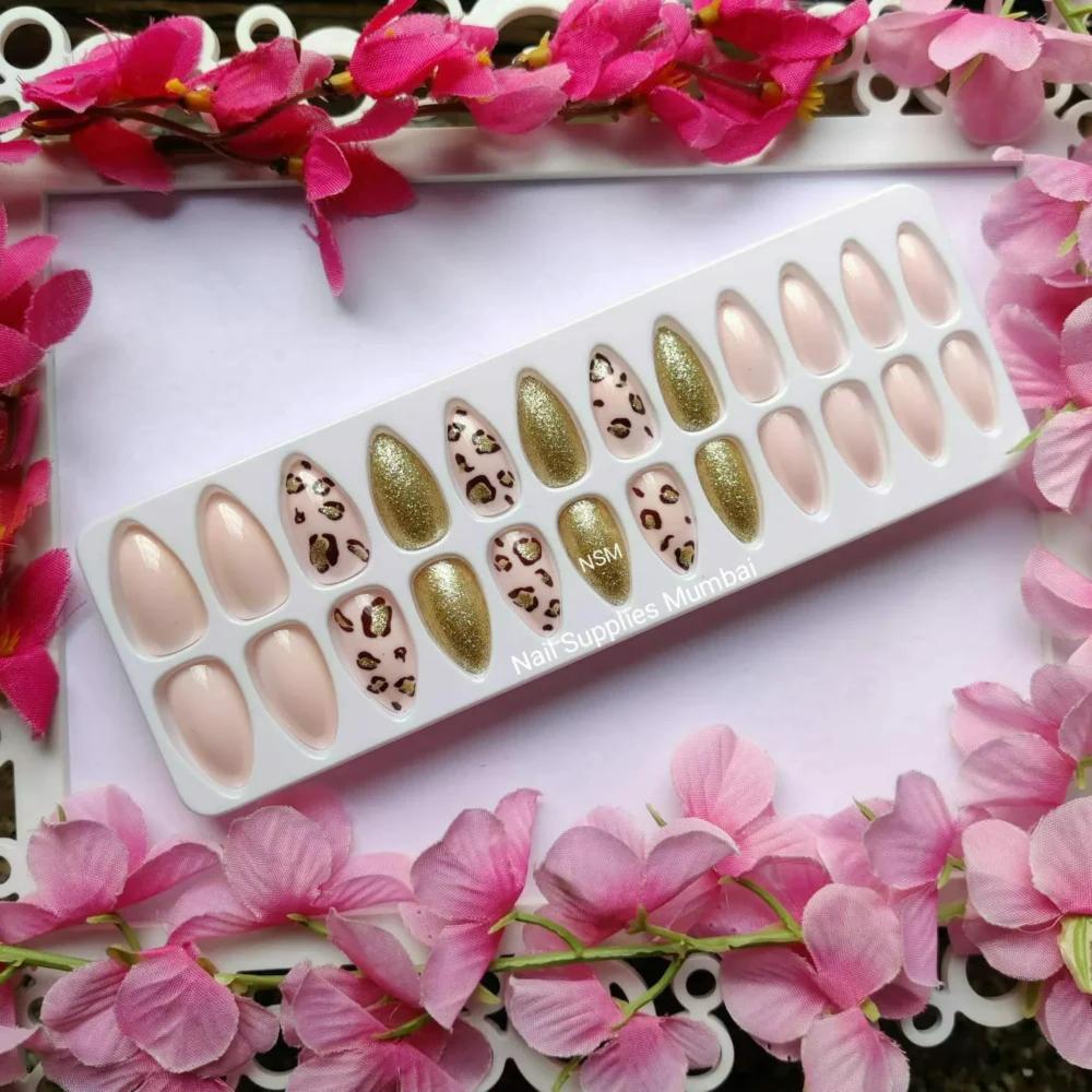 Nude And Glitter Leopard Print Press On Nails (set Of 24 Pcs)