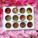 Gold And Red Mix Nail Art Glitters, Chunks, Mylars And Caviar Beads  (set Of 12)