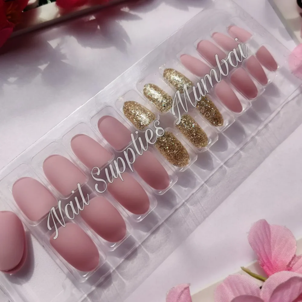 Baby Pink Matte And Glitter Finish Oval Press On Nails (set Of 24 Nails)