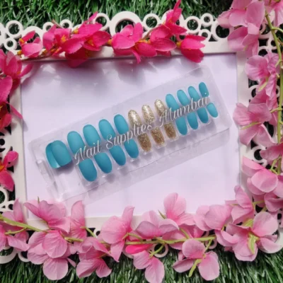 Turquoise Blue Matte & Glitter Finish Oval Press On Nails (set Of 24 Nails)