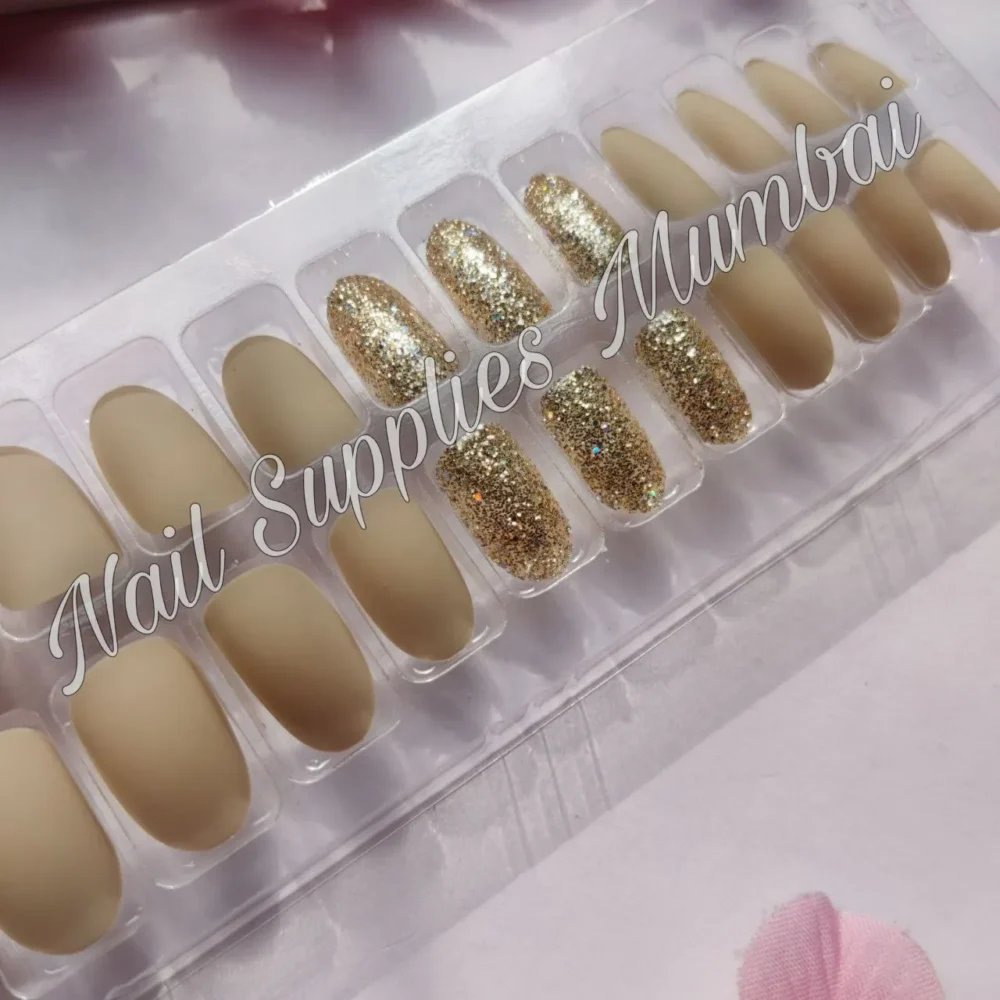 Beige Matte & Glitter Finish Oval Press On Nails (set Of 24 Nails)