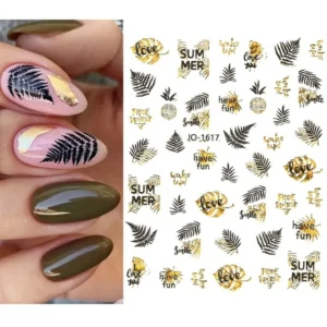 Black & Gold Laser Holographic Monstera Leaves & Fern Nail Stickers (JO-1617) (1)