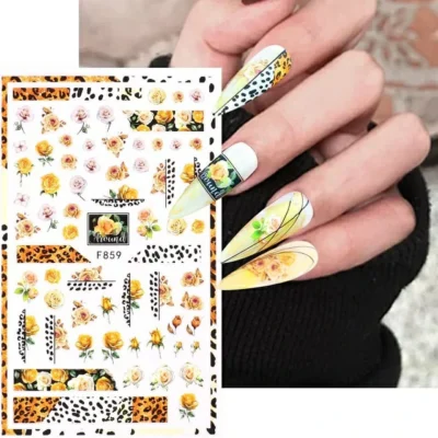 Yellow Roses And Leopard Print Nail Stickers Sheet (F859)