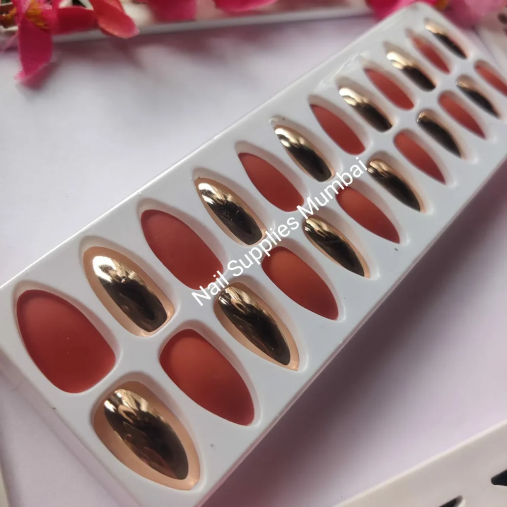 Matte Red And Rustic Copper Metallic Press On Nails (set Of 24 Pc)
