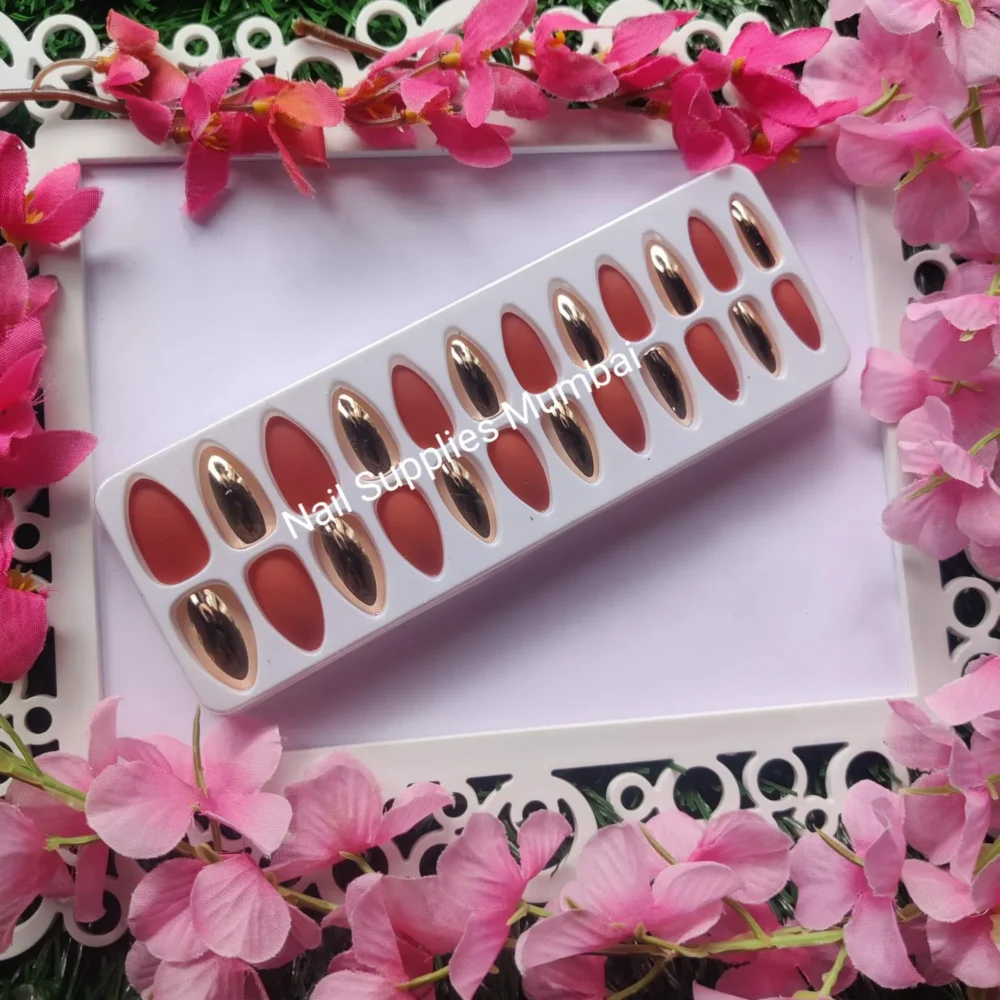 Matte Red And Rustic Copper Metallic Press On Nails (set Of 24 Pc)