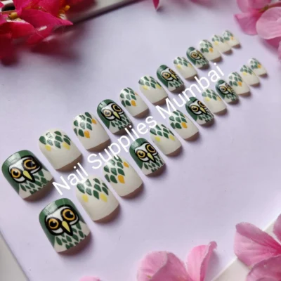 Short Square Owl Print Press On Nails With Glue (set Of 24 Pc)