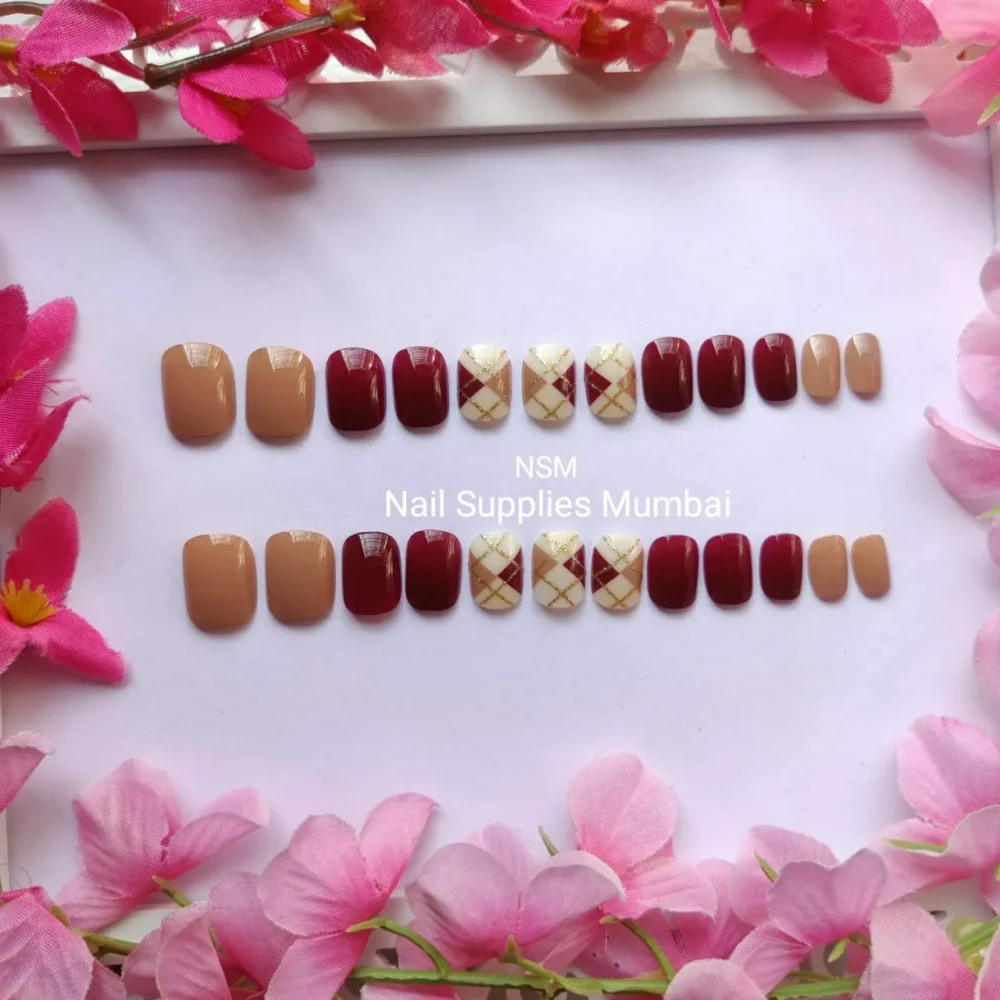 Short Squared Nude And Red Abstract Press On Nails (set Of 24 Pc)