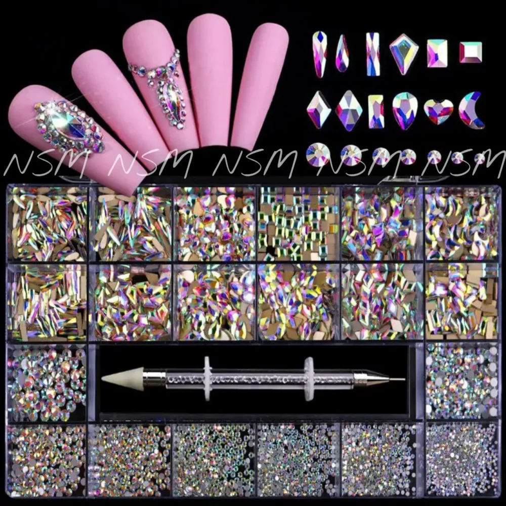 Ab Big Random Shaped Stones, Multiple Sized Rhinestones And Stone Picker Nail Art Set