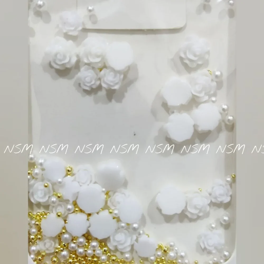 White Camellia Flower Nail Art Charms With Pearls And Gold Caviar Beads