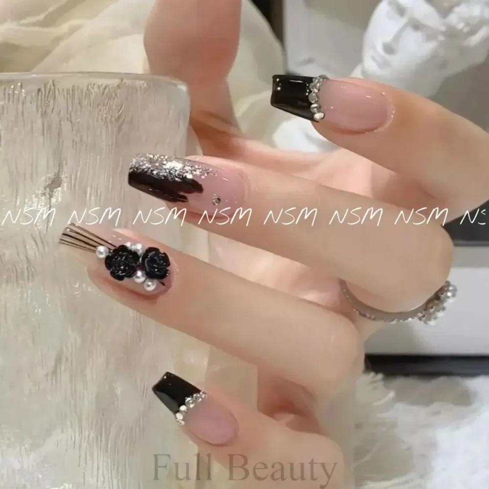 Black Camellia Flower Nail Art Charms With Pearls And Gold Caviar Beads