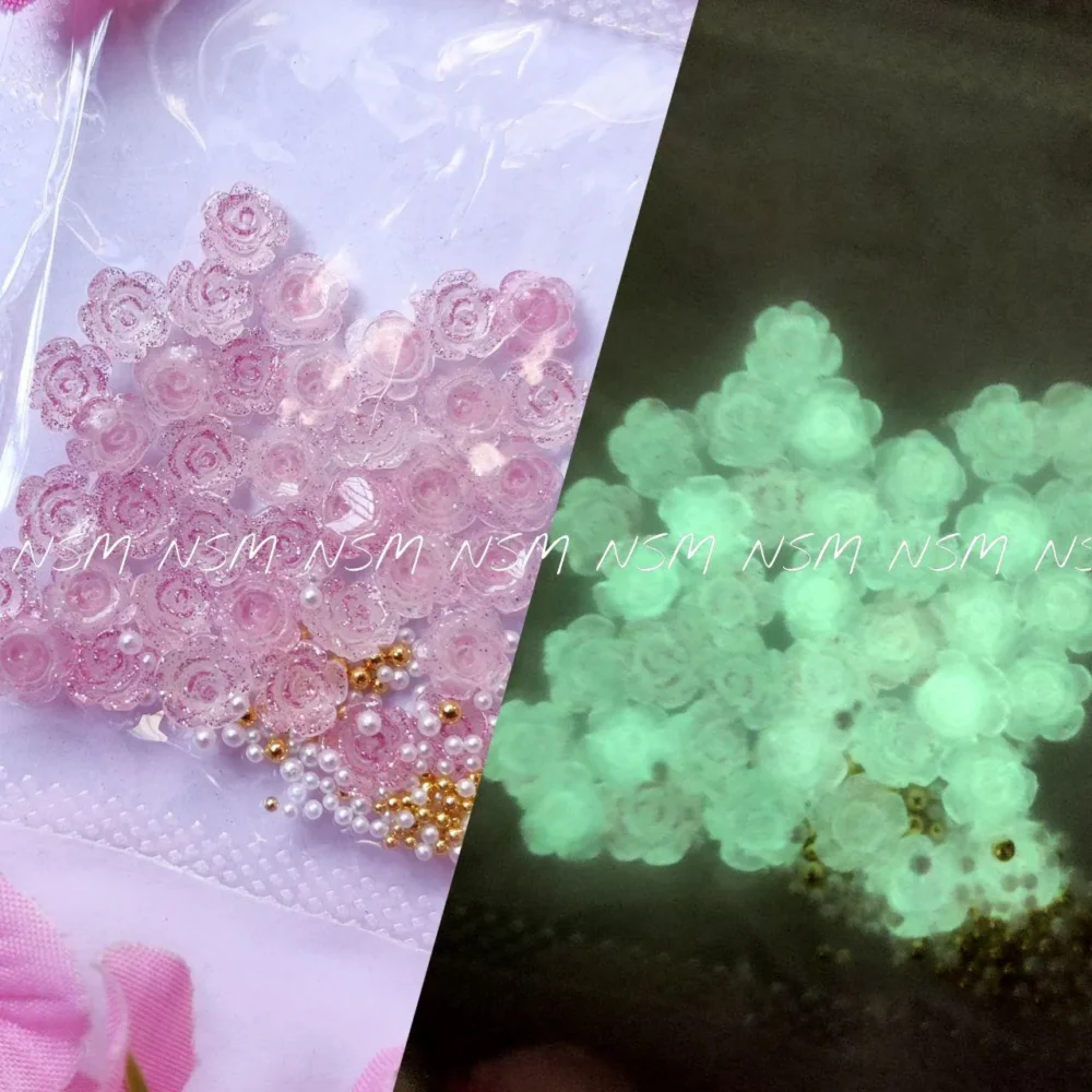 Glittery Pink Glow In Dark Flower Nail Charms With Pearls And Gold Caviar Beads