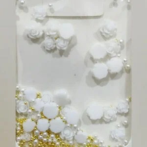 White Camellia Flower Nail Art Charms With Pearls And Gold Caviar Beads