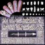Multiple Sized Silver Rhinestones And Stone Picker Nail Art Set