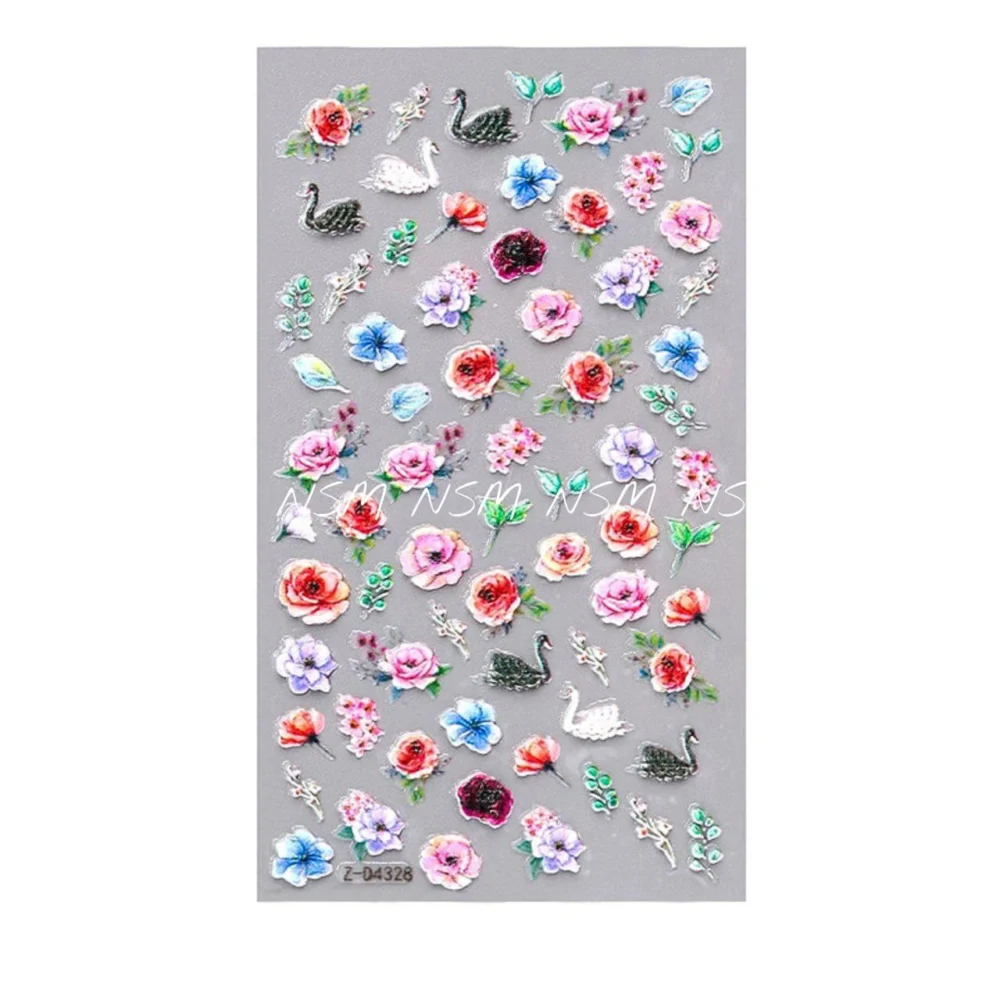 Swan Leaves And Flowers Embossed 5d Nail Art Sticker Sheets (z-d4328)