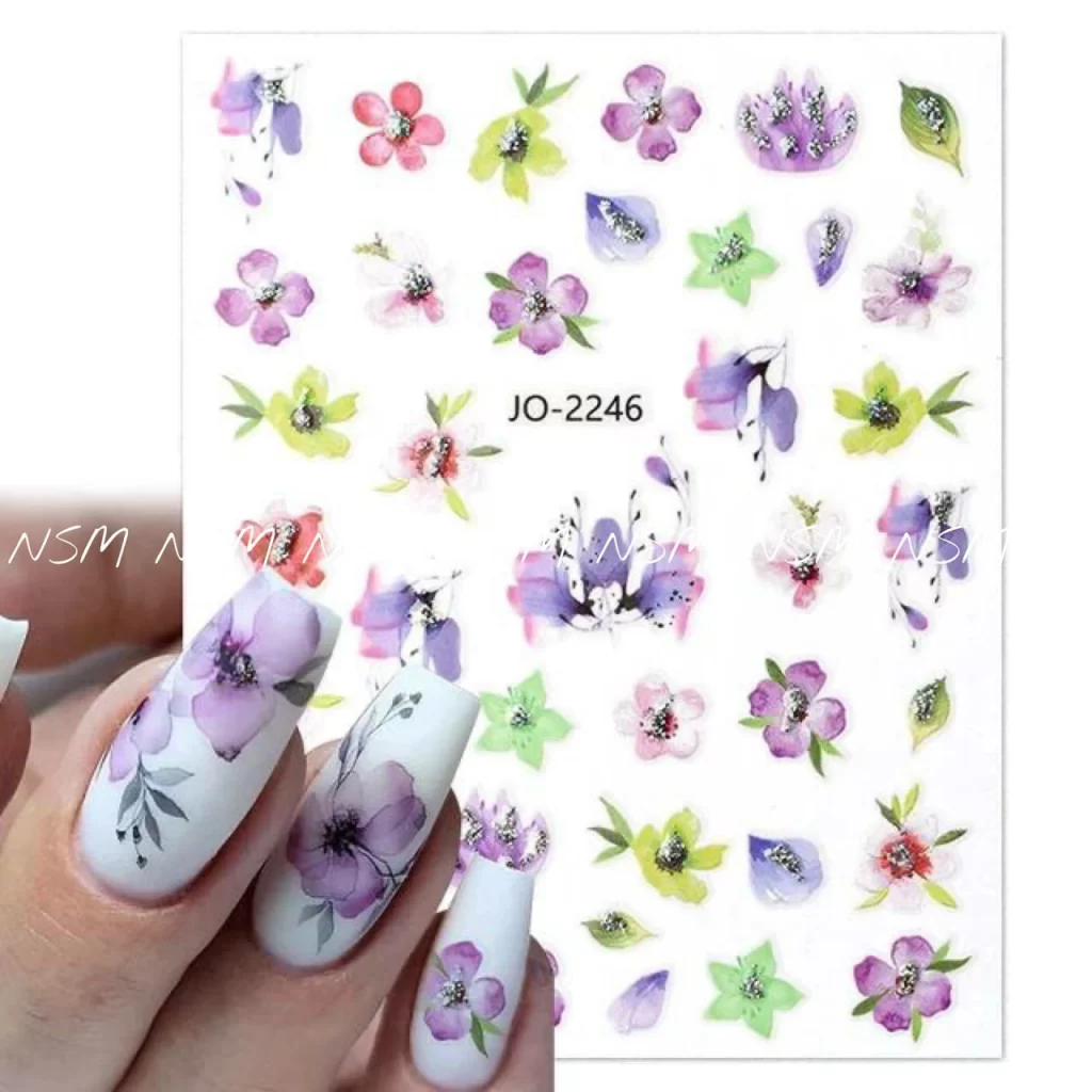 Water Color, Glitter Flowers Nail Sticker Sheets (jo-2246)