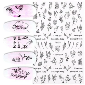 Abstract Lady Face And Leaves Nail Sticker Sheets (f640)