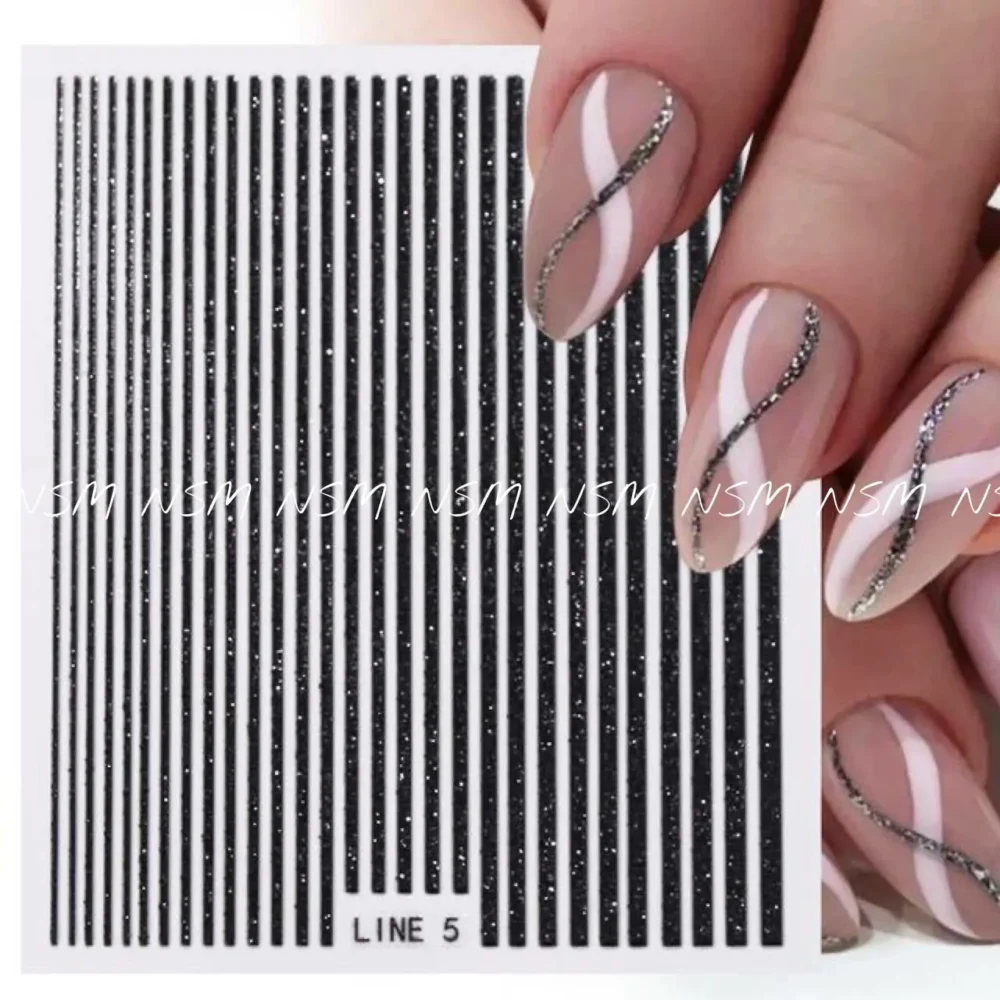 Black Glitter Stripes Nail Sticker Sheets