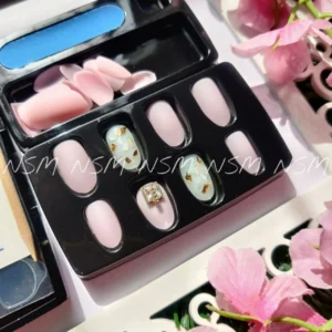 Baby Pink Press On Nails With Shell Nail Art And Charms (set Of 26 Pcs)