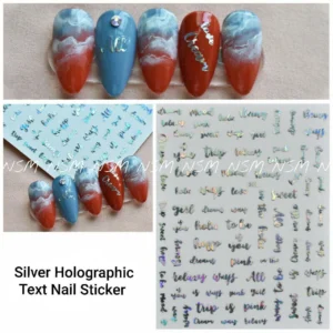 Silver Laser Holographic Text Nail Sticker Sheets