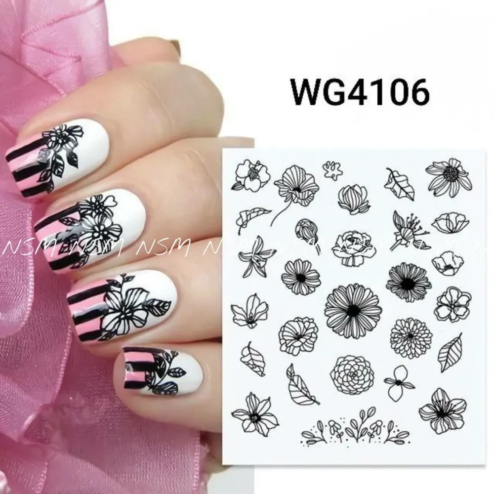 Black Outlined Flowers Water Decal Sticker Sheets (wg4106)