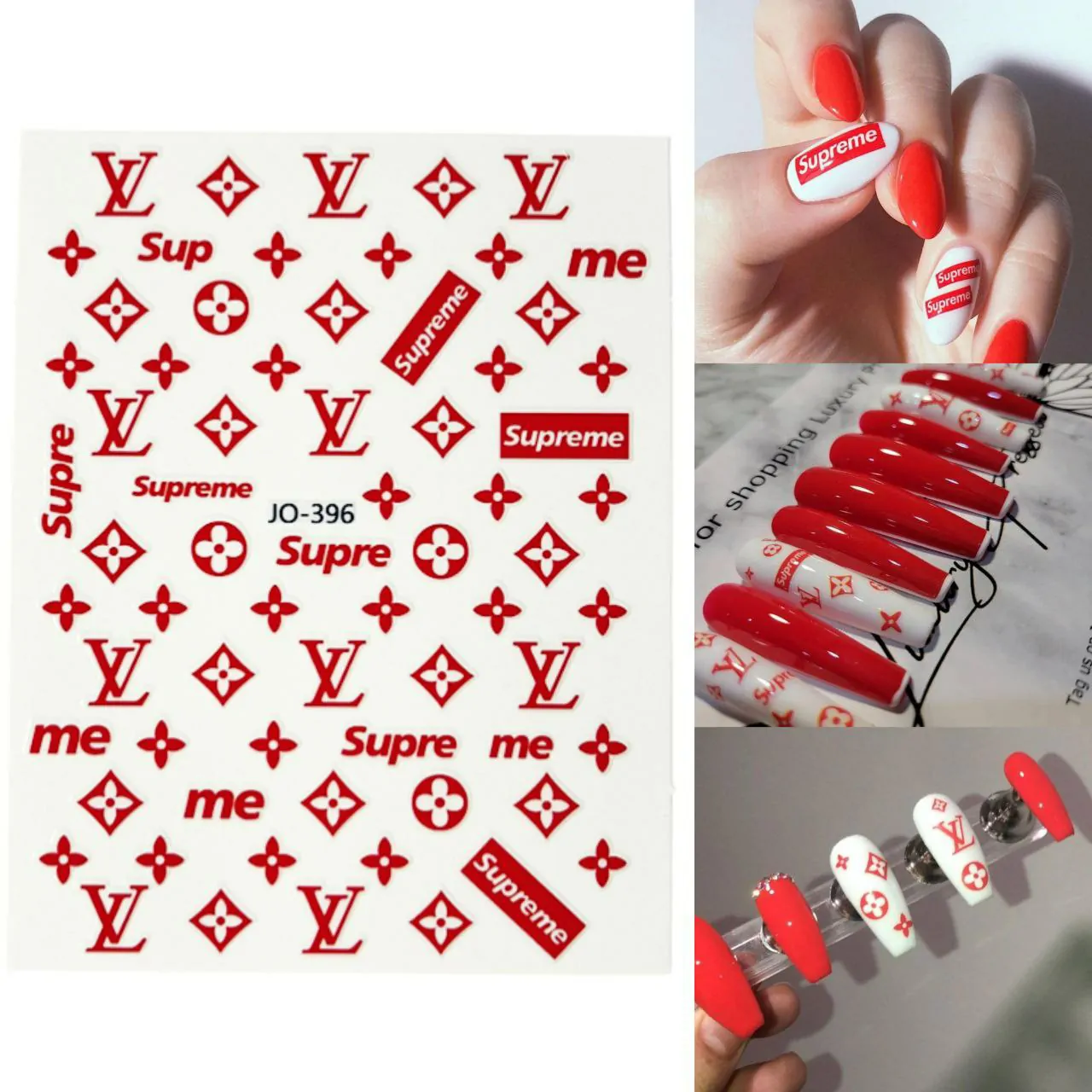Red LV And Supreme Brand Nail Art Sticker Sheets (JO-396) - Nail