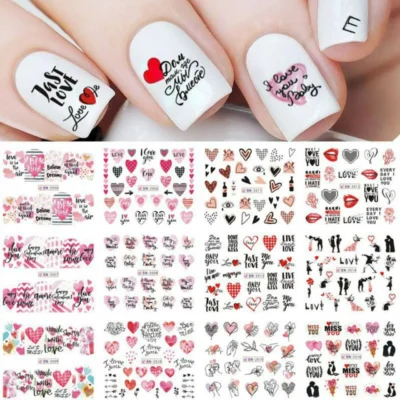 Love Hearts And Text Nail Art Water Decal Sticker Sheet Bn-2016 (12 Prints)