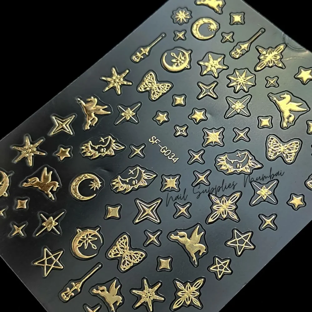 Unicorn, Moon And Star Metallic Gold 3d Nail Art Sticker Sheet (sf-g034)