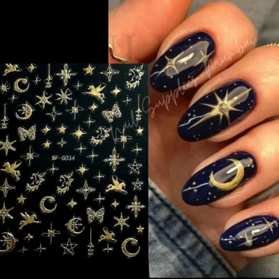 Unicorn, Moon And Star Metallic Gold 3d Nail Art Sticker Sheet (sf-g034)