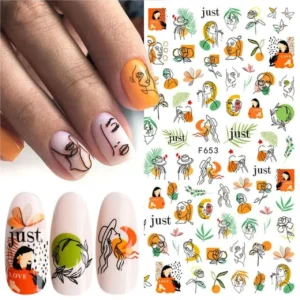 Abstract Women Face And Leaves Nail Art Sticker Sheet (f653)