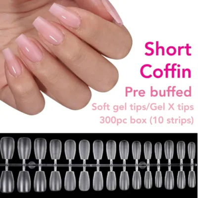 Short Coffin Pre Buffed Gel Nail Tips Box (300 Pcs)