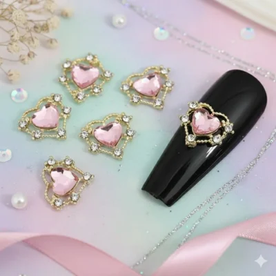 Light Pink Golden Heart Nail Charms (Pack Of 2 Pcs)
