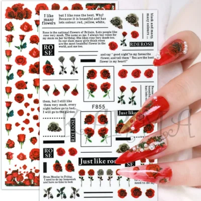 Red Roses And Texts Nail Stickers Sheet (F855)