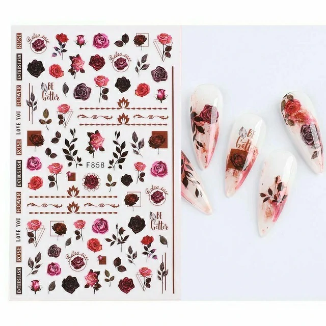 Pink Roses And Texts Nail Stickers Sheet (F860) Pink Roses And Texts Nail Stickers Sheet (F860)