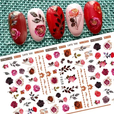 Pink Roses And Texts Nail Stickers Sheet (F860)