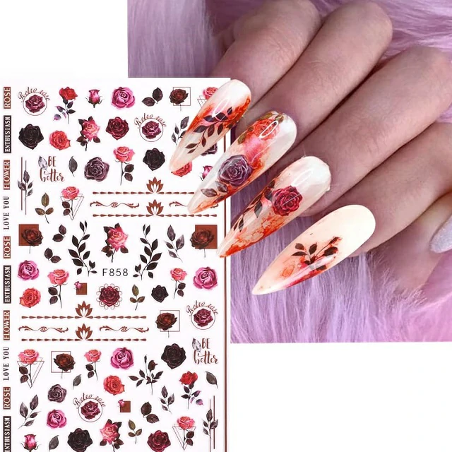 Pink Roses And Texts Nail Stickers Sheet (F860) Pink Roses And Texts Nail Stickers Sheet (F860)