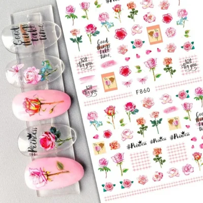Pink Roses And Texts Nail Stickers Sheet (F860)