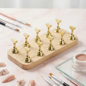 Wooden Base Magnetic Nail Tip Display Stand With 10 Metal Holders (1)