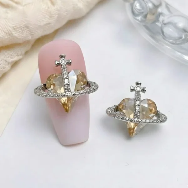 Champagne Gold Crooked Heart Planet Nail Charms