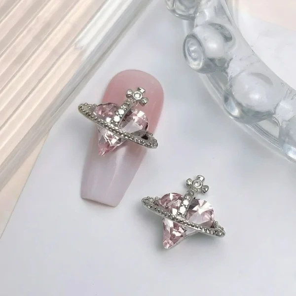 Pink Crooked Heart Planet Nail Charms