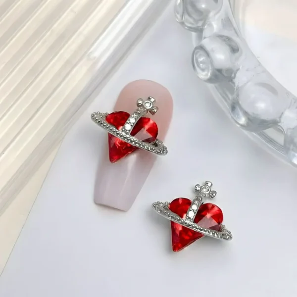 Red Crooked Heart Planet Nail Charms