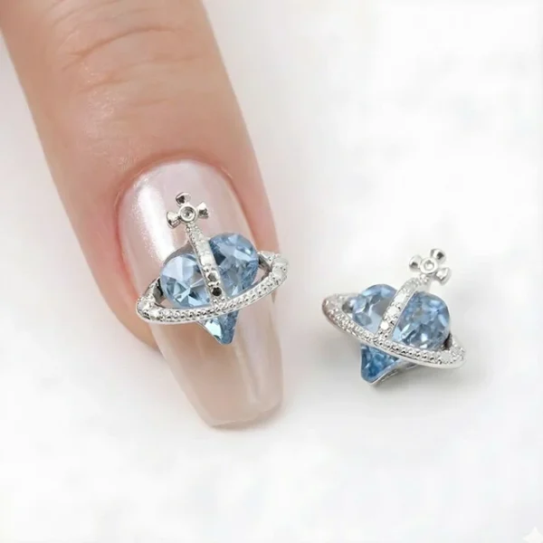 Sky Blue Crooked Heart Planet Nail Charms
