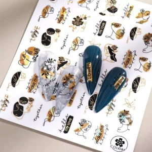 Black & Gold Laser Holographic Abstract Face & Fine Letters Nail Stickers (JO-1568) (1)