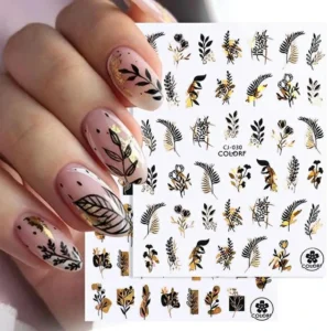 Black & Gold Laser Holographic Botanical Fern Flower & Floral Leaf Nail Stickers (JO-1569) (1)