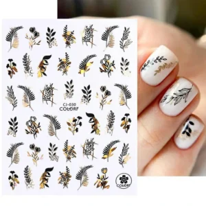 Black & Gold Laser Holographic Botanical Fern Flower & Floral Leaf Nail Stickers (JO-1569) (2)