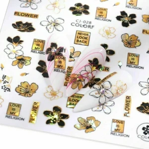 Black & Gold Laser Holographic Sakura Flowers & Texts Nail Stickers (6)