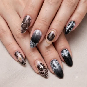 Lace Foil Print Design On Nails